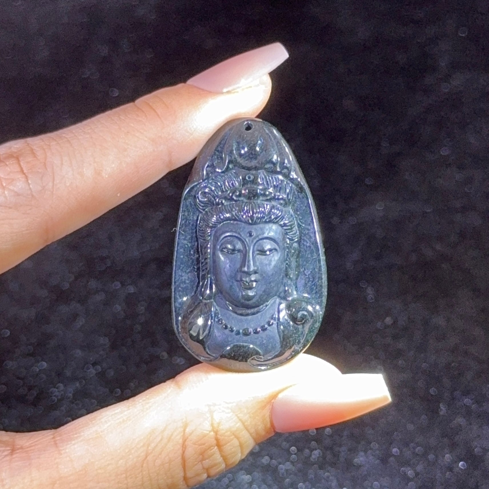 Type A Black Jade Guan Yin Pendant