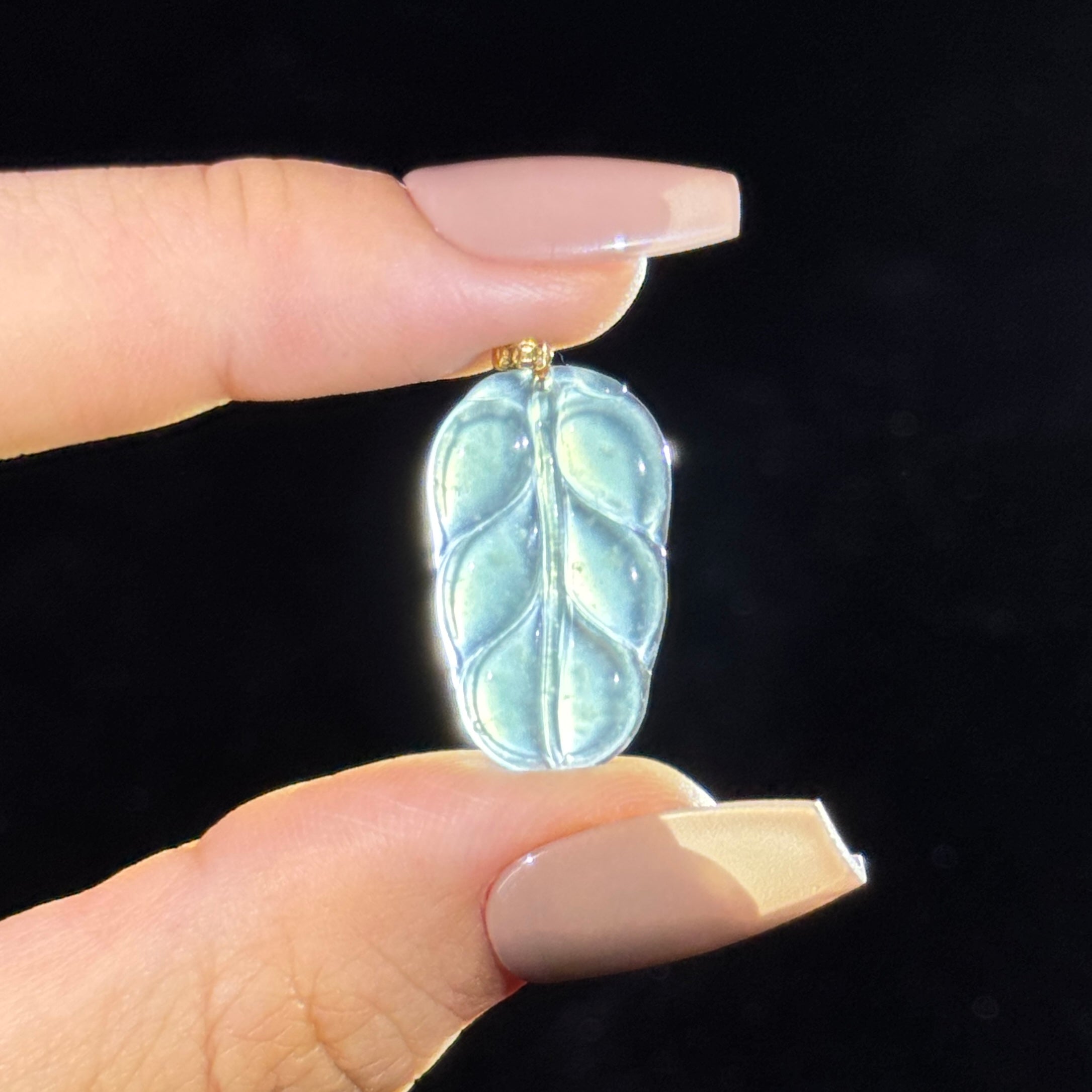 Type A Semi Icy Blueish Green Leaf in 18k gold clasps